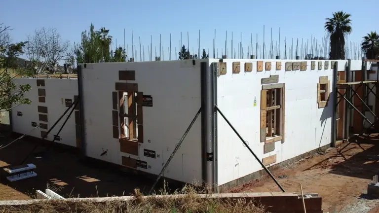 Braced ICF walls with rebar extending above the forms and framed window openings